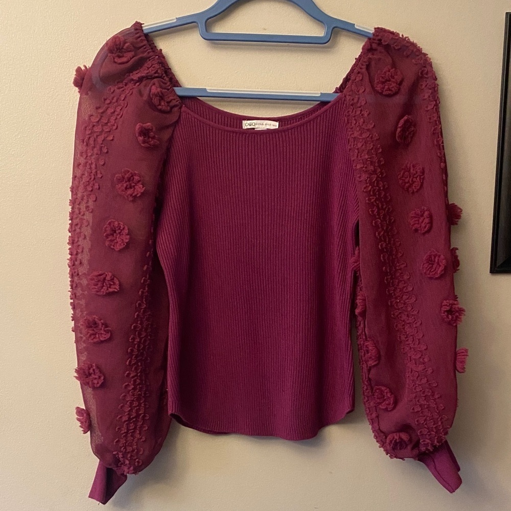 Cato Deep Magenta Ribbed semi sheer puff sleeve top